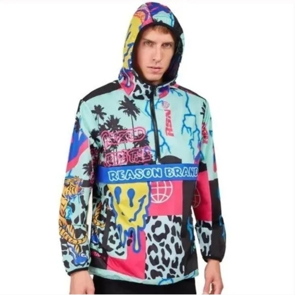 Reason Medium AOP Allover Print Half Zip Anorak Pullover Jacket Smiley Tiger - Picture 1 of 9